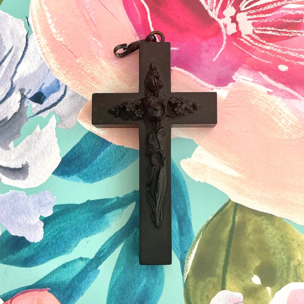 Gutta Percha Cross Pendant with Floral Carving - Vintage