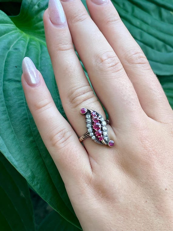Victorian 18K Diamond and Ruby Navette Ring - Ant… - image 3