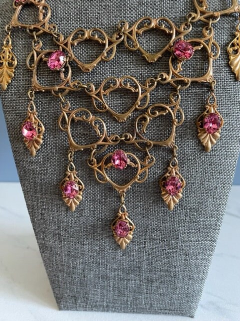 Art Nouveau Pink Crystal Gold Plated Brass Festoon Necklace