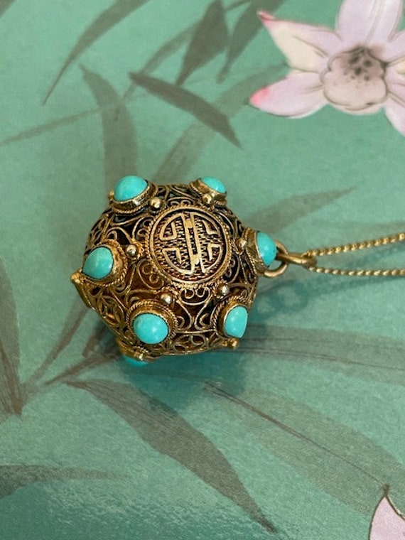 Chinese Vermeil Filigree Orb Pendant and Chain - … - image 8