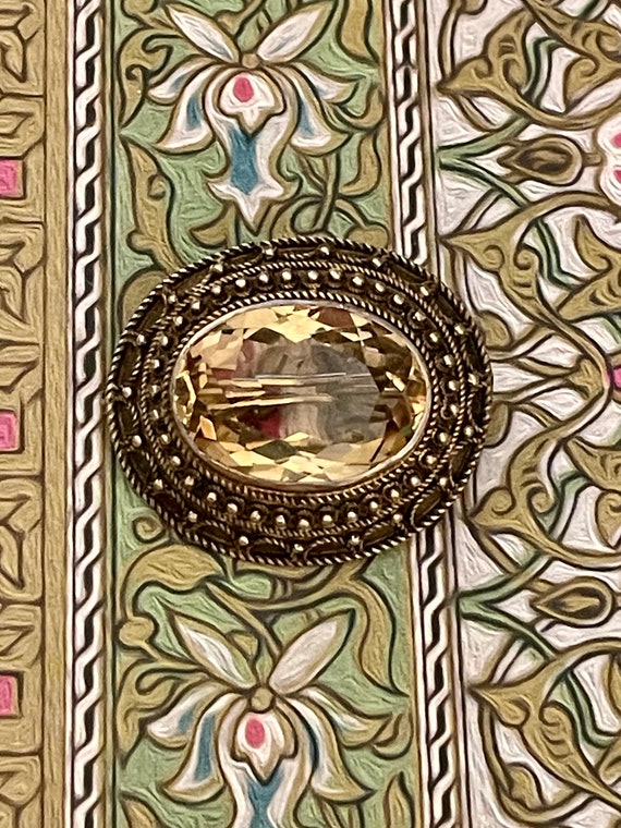 Victorian Etruscan Revival 10K Citrine Brooch Pin 