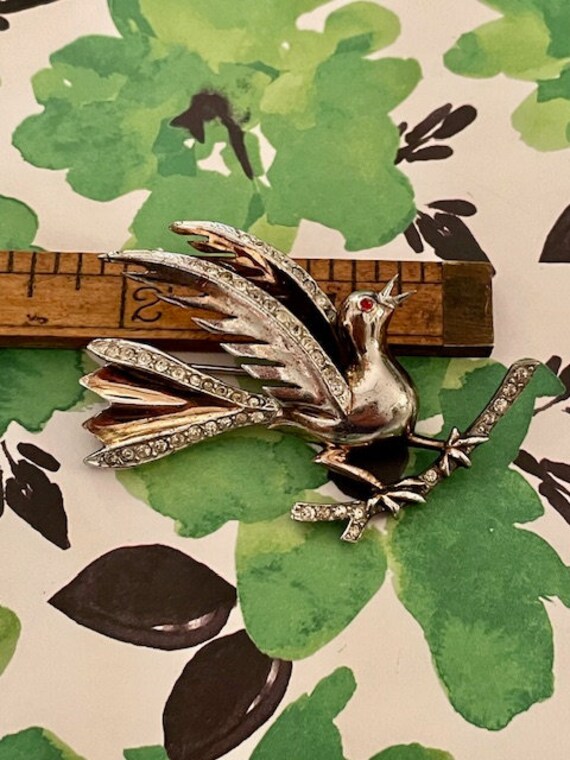 Vintage Bird on Branch Sterling Sliver Rhinestone… - image 8