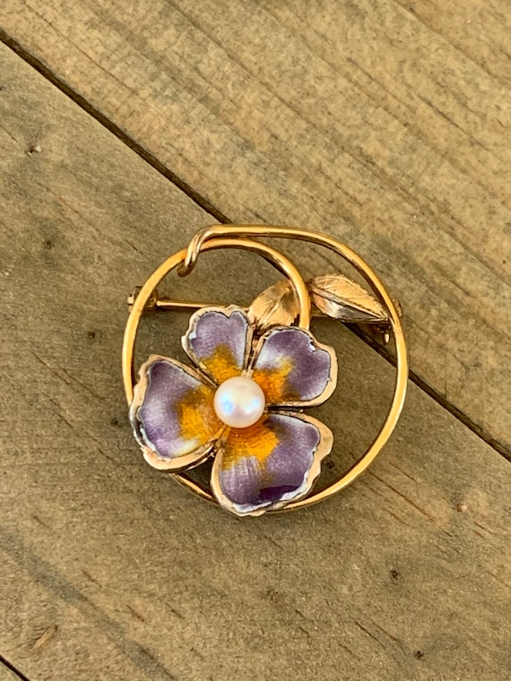 CREED Enamel Pansy and Pearl Gold Filled Brooch P… - image 2