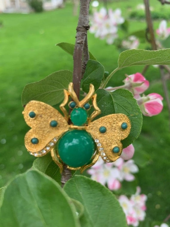 Vintage Green Lucite and Rhinestone Bug Brooch Pin
