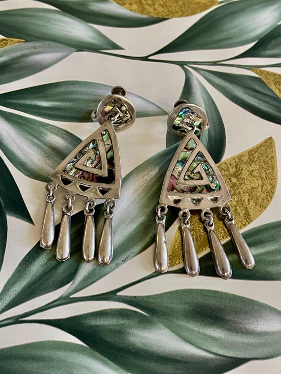 Mexico Silver Abalone Dangle/Drop Screw back Earr… - image 1