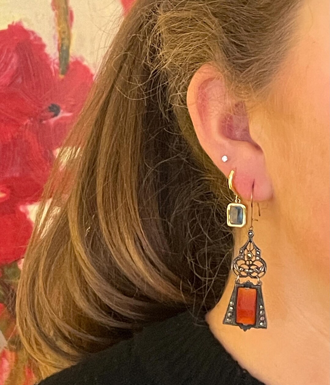 Art Deco Sterling Carnelian and Marcasite Dangle Drop Pierced Earrings ...
