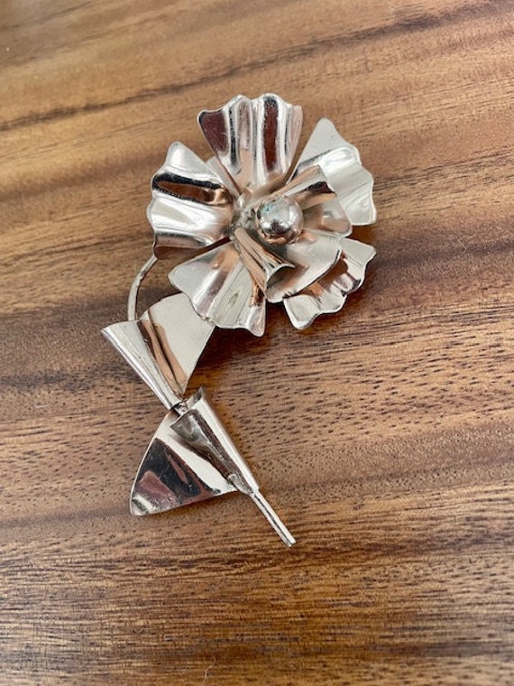 Mexico Silver Gold Tone Large Flower Brooch Pin -… - image 2
