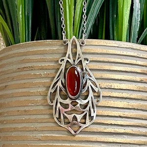 Arts & Crafts Design Sterling Silver Carnelian Necklace - Vintage
