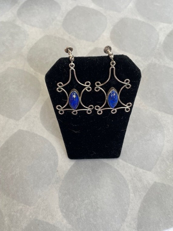 Vintage Lapis Silver Dangle Earrings with Screw b… - image 2