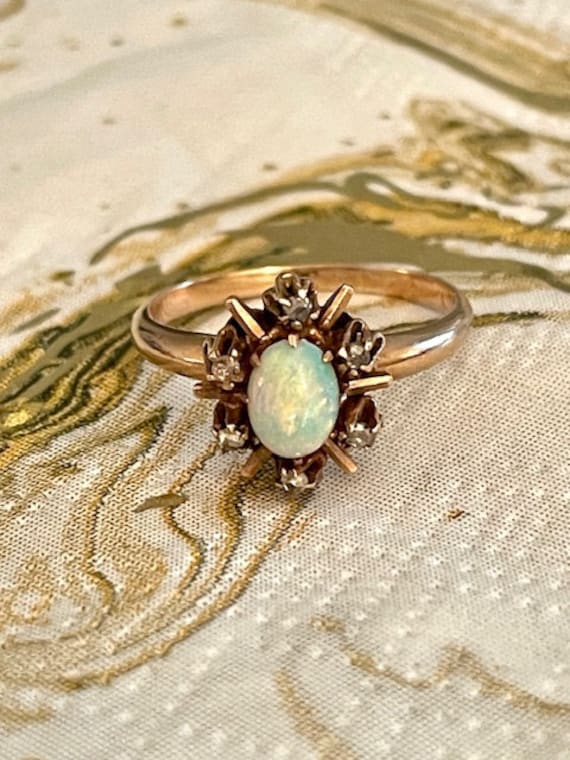 14K Opal and Diamond Halo Ring - Antique