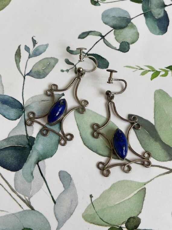 Vintage Lapis Silver Dangle Earrings with Screw b… - image 3