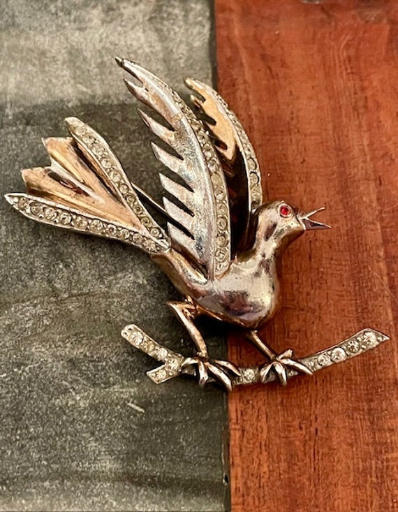 Vintage Bird on Branch Sterling Sliver Rhinestone… - image 2