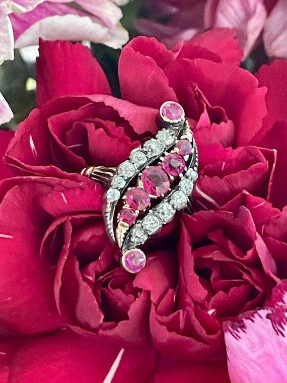 Victorian 18K Diamond and Ruby Navette Ring - Ant… - image 1