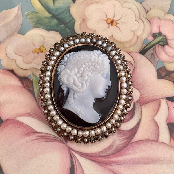 Antique 14K Cameo surrounded by double Pearl Halo's