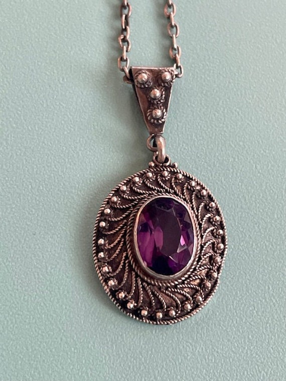 Vintage Amethyst and Sterling Pendant and Chain - image 2