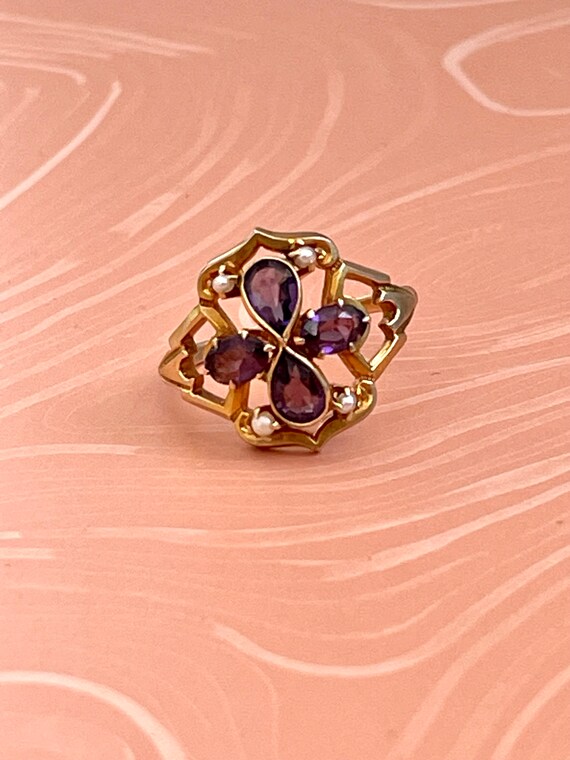 14K Amethyst and Pearl Ring - Size 8 3/4 - image 6