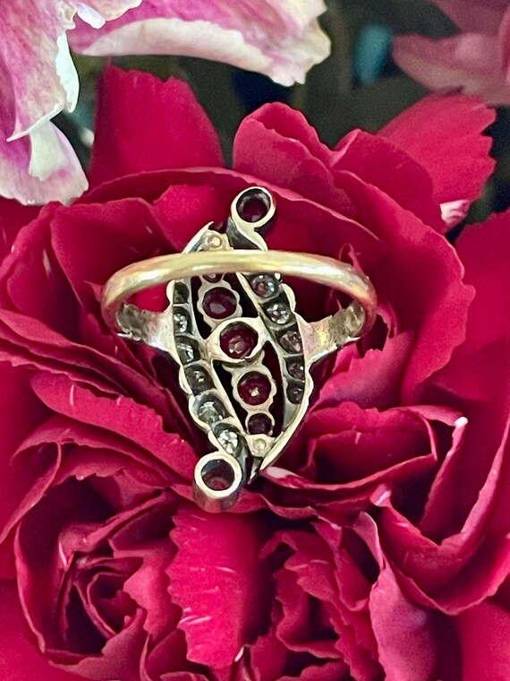 Victorian 18K Diamond and Ruby Navette Ring - Ant… - image 4