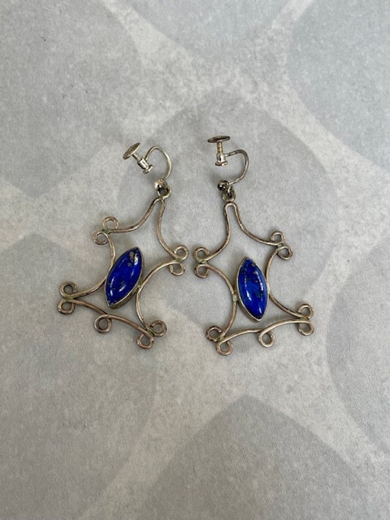 Vintage Lapis Silver Dangle Earrings with Screw b… - image 4