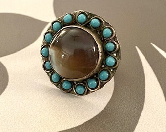 Handmade Turquoise and Agate Ring - Vintage