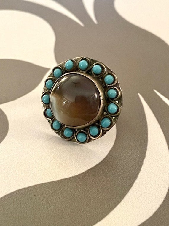 Handmade Turquoise and Agate Ring - Vintage