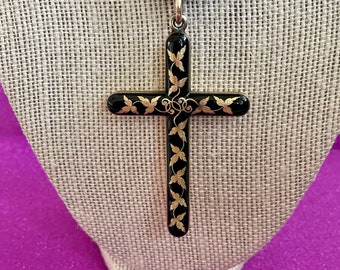 Mourning Victorian Black Onyx Cross Pendant with 14K Gold Leaf Design with Matte Black Onyx Bead chain