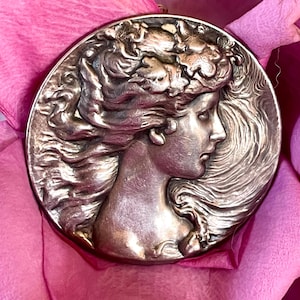 Art Nouveau Sterling Woman Profile High Relief Brooch Pin - Antique