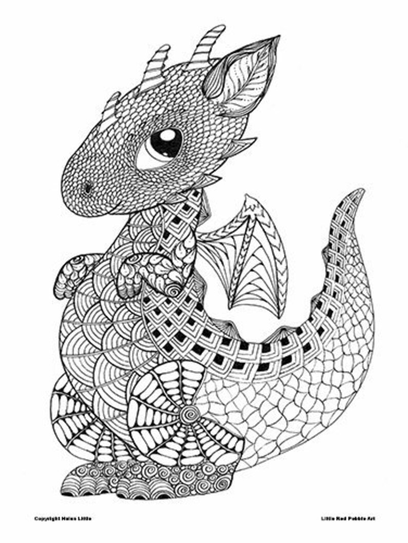 cute baby dragon colouring page download zentangle kids etsy