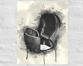 Könnte beinhalten: Eine Schwarzweiß-Aquarellillustration eines Liegestuhls mit modernem Design. Der Stuhl ist stilisiert dargestellt, mit Farbspritzern, die einen dynamischen Effekt erzeugen.