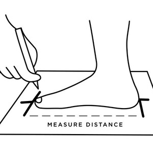 Puede incluir: Un dibujo en blanco y negro de un pie sobre un papel con un l&aacute;piz marcando la longitud del pie. El papel tiene el texto "MEASURE DISTANCE" escrito en &eacute;l.
