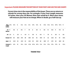 Puede incluir: Una tabla de tallas de zapatos para mujeres. La tabla muestra las tallas de zapatos correspondientes en tallas de EE. UU., Reino Unido, Europa y Jap&oacute;n para longitudes de pies que van de 8 1/4 pulgadas a 11 pulgadas. La tabla tambi&eacute;n incluye la longitud de la suela exterior correspondiente en pulgadas.
