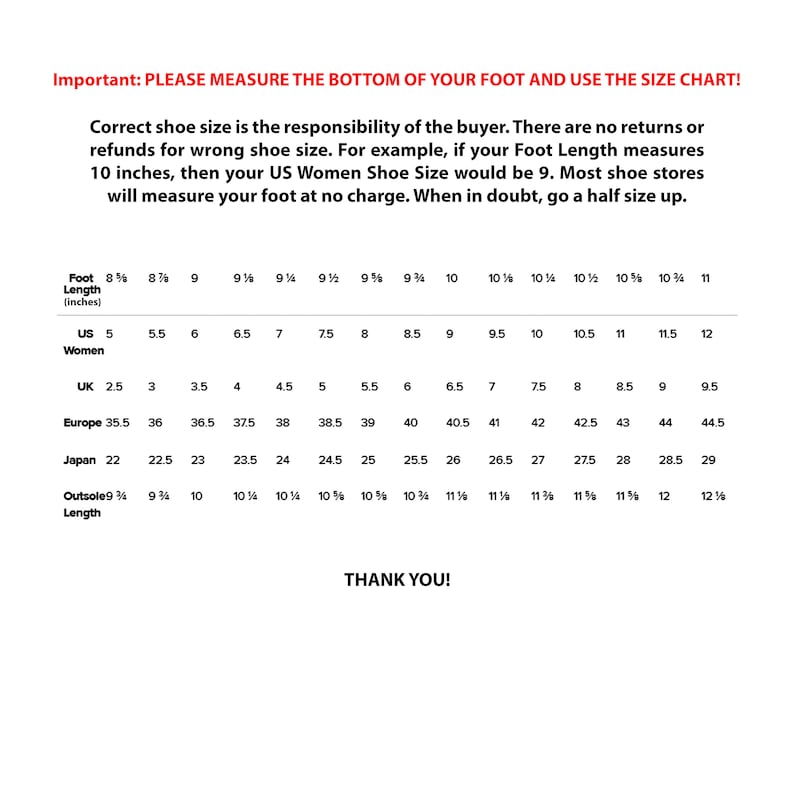 Puede incluir: Una tabla de tallas de zapatos para mujeres. La tabla muestra las tallas de zapatos correspondientes en tallas de EE. UU., Reino Unido, Europa y Jap&oacute;n para longitudes de pies que van de 8 1/4 pulgadas a 11 pulgadas. La tabla tambi&eacute;n incluye la longitud de la suela exterior correspondiente en pulgadas.