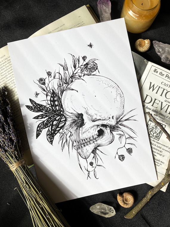 月乃カエル　Skull in the Flowers Black Day of The Dead Colorful Floral Blooms Sugar Skull