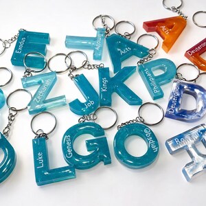 Puede incluir: Una colección de llaveros de resina de varios colores, cada uno con la forma de una letra del alfabeto. Algunos llaveros tienen los nombres de libros de la Biblia impresos. Los llaveros están unidos a llaveros plateados.