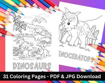 Páginas para colorear de dinosaurios para imprimir: Actividad divertida para niños, descarga digital (PDF y JPG, 8.5 x 11 pulgadas)