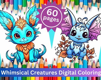 Pages à colorier de créatures fantaisistes - ensemble d'illustrations fantastiques - 60 modèles imprimables, fichiers PDF JPG, détente créative pour les adolescents