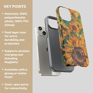 May include: A phone case featuring a sunflower design. The case is made from a dual layer of polycarbonate and TPU for added durability and protection. It supports wireless charging, but not MagSafe. The case is available in a glossy or matte finish.
