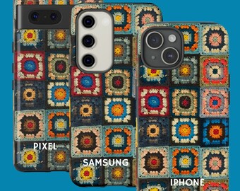 Granny Square Case Phone Cover: Faux Crochet Pattern, Dual Layer Protection | Polycarbonate, TPU, Wireless Charging Compatible
