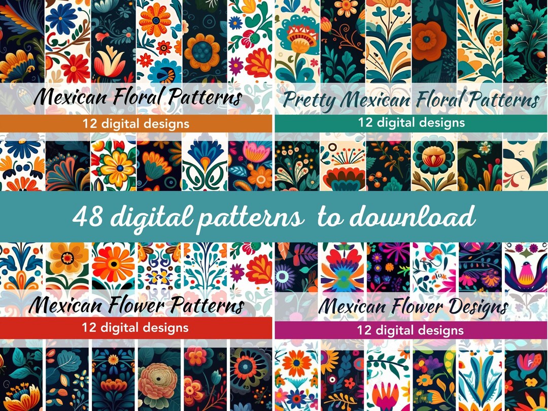 Mexican Floral Pattern Bundle | Printable 12" X 12" Jpg Designs | 48 ...