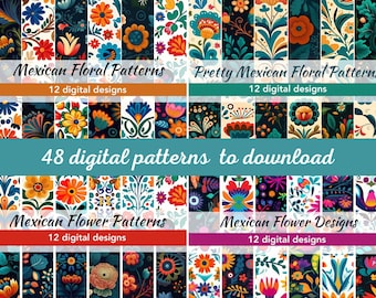 May include: A digital collage of 48 colorful Mexican floral patterns. The patterns are arranged in a grid of 4 rows and 12 columns. Each pattern features vibrant colors, intricate designs, and traditional Mexican motifs. The text "Mexican Floral Patterns", "Pretty Mexican Floral Patterns", "Mexican Flower Patterns", and "Mexican Flower Designs" appears on the image.