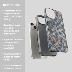 Op de afbeelding: Een telefoonhoesje met een bloemenpatroon. Het hoesje is gemaakt van een dubbele laag polycarbonaat en TPU. Het ondersteunt draadloos opladen, maar niet MagSafe. Het hoesje is verkrijgbaar in een glanzende of matte afwerking.