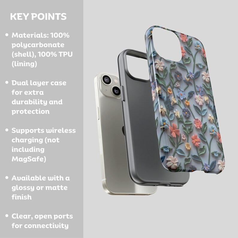 Op de afbeelding: Een telefoonhoesje met een bloemenpatroon. Het hoesje is gemaakt van een dubbele laag polycarbonaat en TPU. Het ondersteunt draadloos opladen, maar niet MagSafe. Het hoesje is verkrijgbaar in een glanzende of matte afwerking.