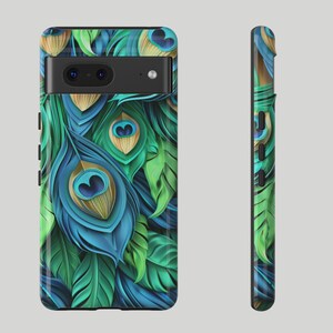 May include: A phone case with a peacock feather design. The case is black with a blue, green, and gold peacock feather pattern. The case has a cutout for the phone's camera.