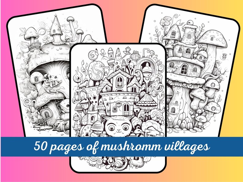 Mushroom Creature Village Coloring Pages Adult Coloring Book 50 Coloring Pages Printable PDF ...