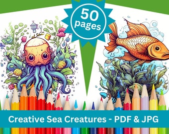 Sea Creatures Coloring Book: 50 Printable Pages (PDF & JPG)