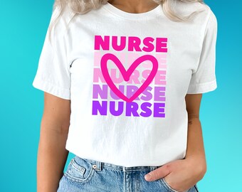 Pink Nurse with Heart Tee | Unisex Bella+Canva Cotton 3001 T-Shirt | Nursing Heart Nurse Shirt | Nursing Gift