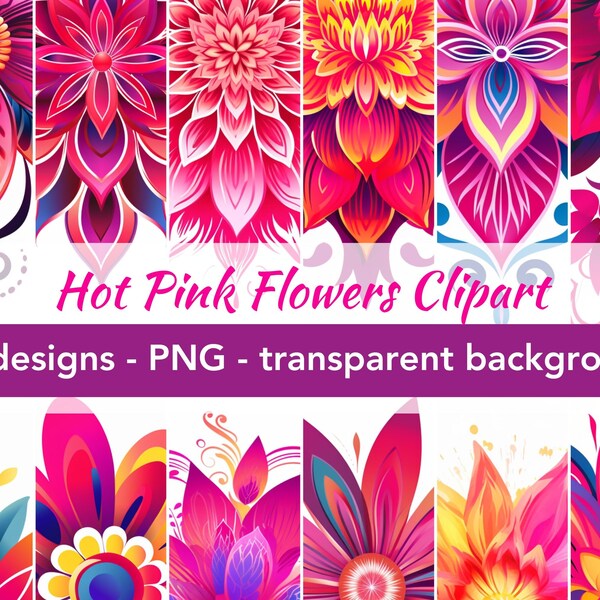 Dessins clipart fleur rose vif, fichiers png avec fond transparent | 24 images numériques | téléchargement immédiat | motifs floraux colorés