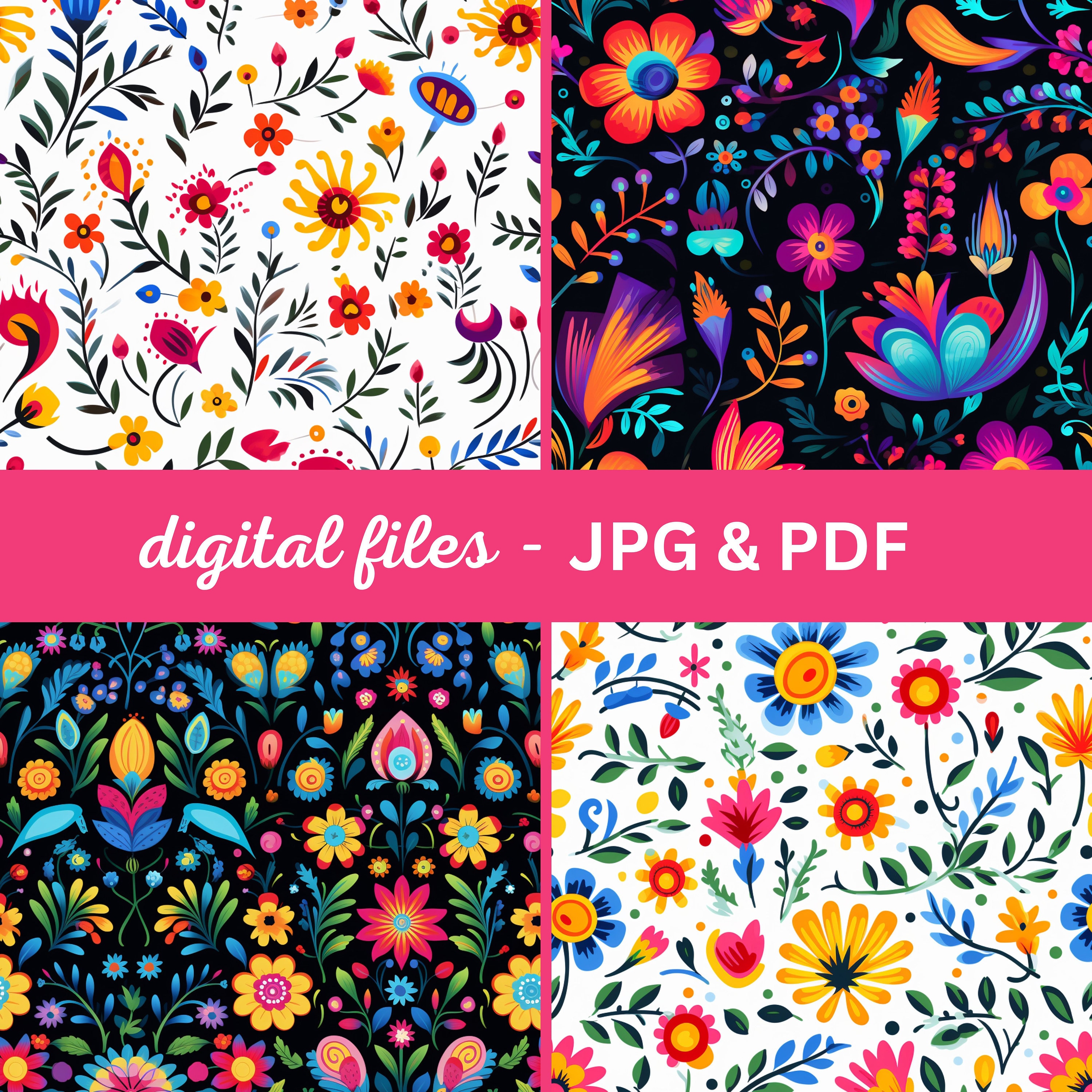 Seamless Mexican Floral Designs| 12" X 12" Flower Patterns | 32 Instant ...
