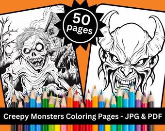 Gruselige Monster Malbuch, Malbuch, Malbuch, 50 gruselige Kreaturen Designs (JPG & PDF, Instant Download, Halloween Geschenkidee)