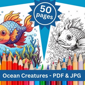 Ocean creatures coloring pages | adult coloring book | 50 digital coloring pages | printable pdf & jpg download