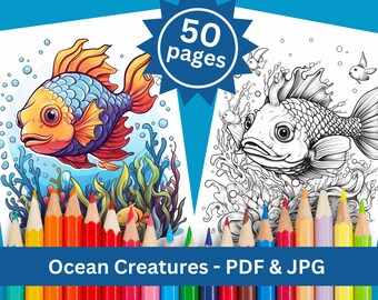 Ocean Creatures Coloring Book: 50 Printable Pages (PDF & JPG)
